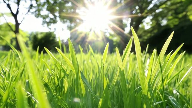 Sunlight shining through green grass in a park