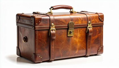 A leather suitcase&mdash;brass corners, riveted edges, circular vent&mdash;rests in dignified silence. A metaphor for contained history and the choreography of departure.