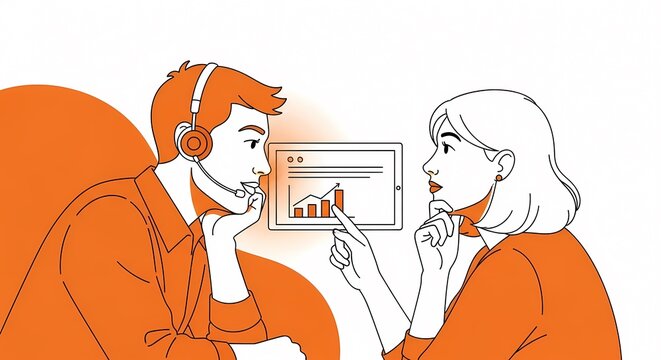 Business professionals discussing financial data on tablet screen customer service support analysis meeting collaboration teamwork orange - Powered by Adobe