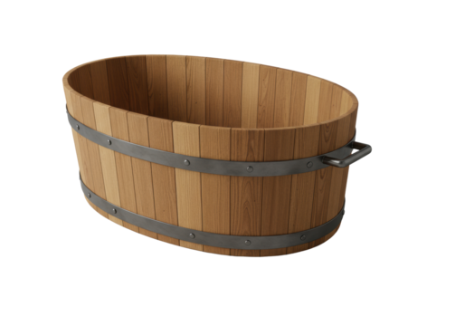 Artisanal oval-shaped light brown wooden tub with dark metal bands and handle, with a smooth transparent river stone, isolated on a seamless transparent background, pristine natural craftsmanship - Powered by Adobe