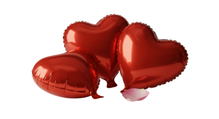 Three polished, red heart-shaped foil balloons & delicate pink rose petal, artfully arranged on a pristine transparent studio background with high-key lighting. Concept of refined elegance