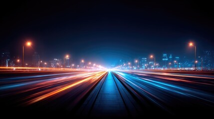 Night city highway, blurred motion light trails