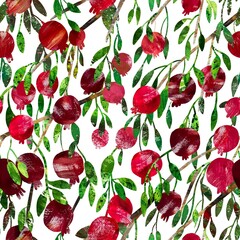 Colorful seamless pattern with red fruits of pomegranate