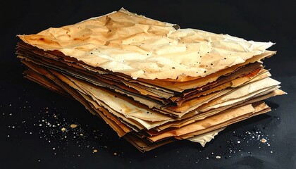 Stack of aged, crumpled parchment sheets, light tan to dark brown, with black specks on a dark surface, creating a rough, textured appearance