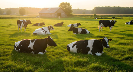 Cows grazing peacefully on green pasture at sunset rural landscape