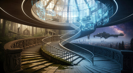 Fototapeta premium Surreal view from a winding staircase transitioning from an ancient forest to a futuristic city with a spaceship in the sky, a concept of duality between past and future