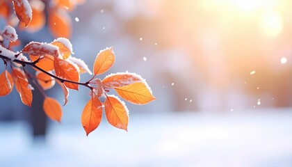 Vivid orange leaves, lightly snow-dusted, against a blurred, sunlit winter background with delicate falling snowflakes