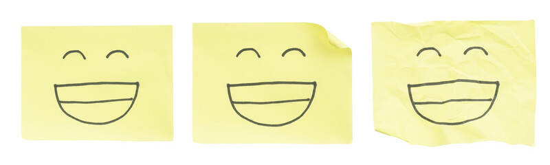 Set collection or collage of hand-drawn happy emoji on yellow notes paper isolated on transparent background