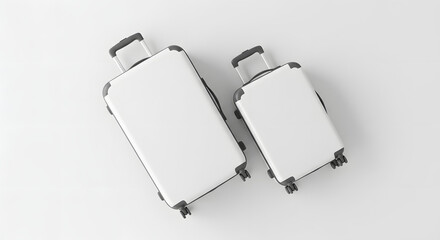 Two white suitcases of different sizes isolated on white background, lying down, ready for a trip, travel, or vacation, concept for luggage