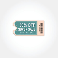 Peach and teal super sale coupon with 50 percent off and barcode Keywords: coupon, discount