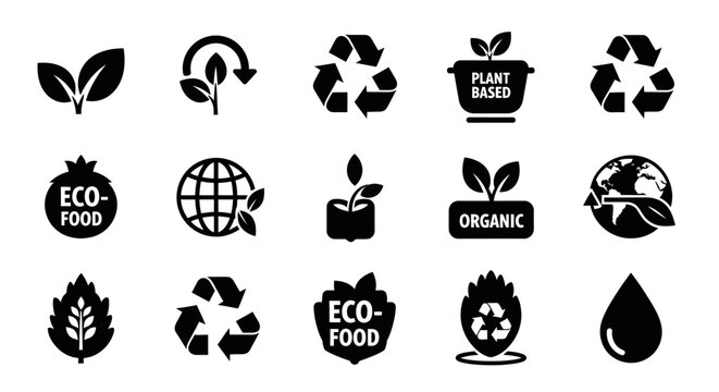 Minimalist Eco Friendly Vector Icon Set with Organic Food and Recycling Symbols