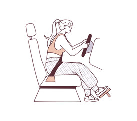 Outline sad woman is driving in incorrect posture side view. Automobile driver is in wrong position on car seat. Bad pose for spine. Flat isolated contour vector illustration on white background