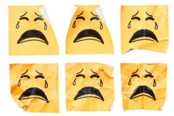 Set collection or collage of hand drawn of sad face emoji on yellow paper isolated on transparent background