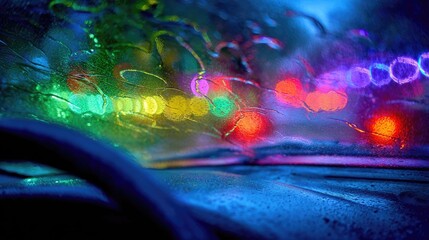 Fototapeta premium Nighttime city lights reflected on a wet car windshield
