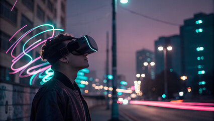 Young man wearing VR headset exploring futuristic neon-lit city street at night captured in cinematic cyberpunk style perfect for technology editorials and immersive design concepts