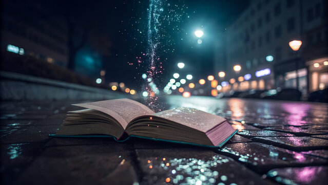 Open book on wet cobblestone street at night with glowing raindrops falling under bokeh city lights creating cinematic mysterious atmosphere perfect for storytelling visuals and fantasy covers - Powered by Adobe
