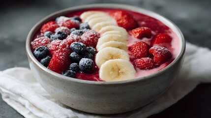 A vibrant smoothie bowl topped with fresh berries and banana slices dusted with powdered sugar