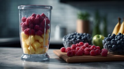A jar filled with fresh raspberries and diced pine  surrounded by bowls of blueberries an  and bananas on a kitchen counter