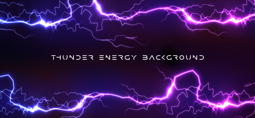 Thunder energy background with neon purple lightning frame and sci-fi title text. Bold header for event poster, music cover, gaming stream, social media. Vector illustration