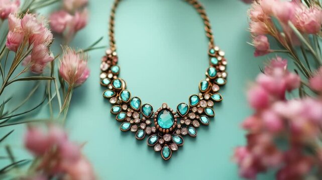 Elegant statement necklace featuring brilliant gemstones on a soft teal backdrop, framed by blurred pink flowers. Showcase timeless beauty and luxury with this stunning adornment.
