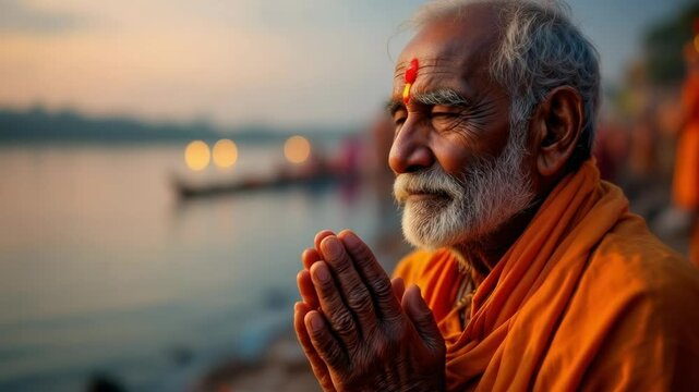 Elderly devotee engaged in sacred chhath puja rituals at sunrise by the riverbank offering prayers with deep reverence
