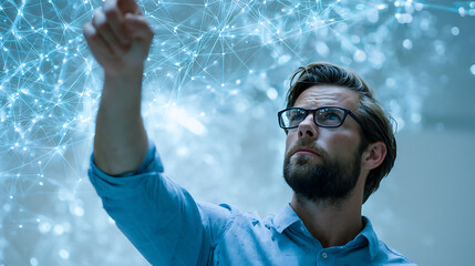 Man interacting with digital network visualization in a futuristic setting