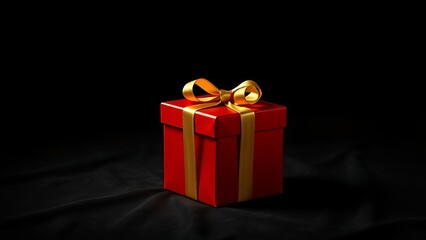 Luxurious red gift box with golden ribbon on a dark velvet background.
