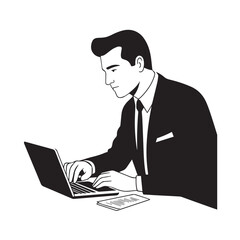 Black and white line art of a hardworking man at office desk with laptop and documents minimalist illustration