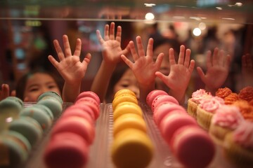 A dessert café filled with colorful macarons and cupcakes on display Children press their hands against the glass with excitement The mood feels playful and fun