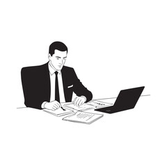 Black and white line art of a hardworking man at office desk with laptop and documents minimalist illustration