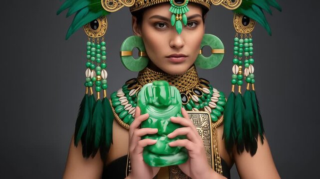 A powerful woman in ornate Mesoamerican attire, featuring a majestic green feathered headdress, jade, and intricate gold jewelry
