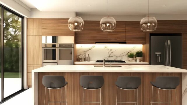 This showcases a modern kitchen with wood cabinets, a marble island, and stylish pendant lights, creating a luxury space for cooking and gathering.