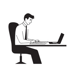 Black and white line art of a hardworking man at office desk with laptop and documents minimalist illustration