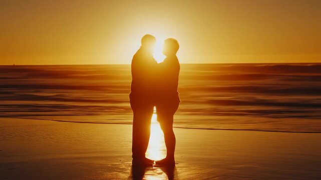 The silhouette of an elderly couple is seen embracing on the beach during a golden sunset, radiating love and symbolizing a lifetime of companionship and togetherness. - Powered by Adobe