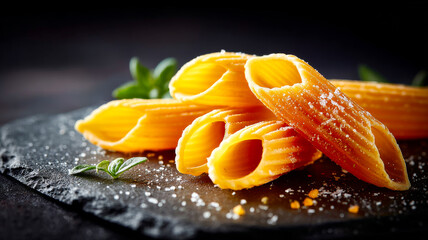 Pasta shells on black slate with herbs. Colorful pasta shells on black slate, garnished with herbs and salt for a tasty presentation.