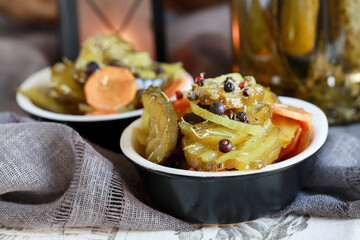 Sour, spicy salad with pickled cucumbers and other vegetables.