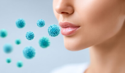 Viral particles near a woman's face. A woman is seen with viral particles floating near her lips, depicting a concept of illness and transmission.
