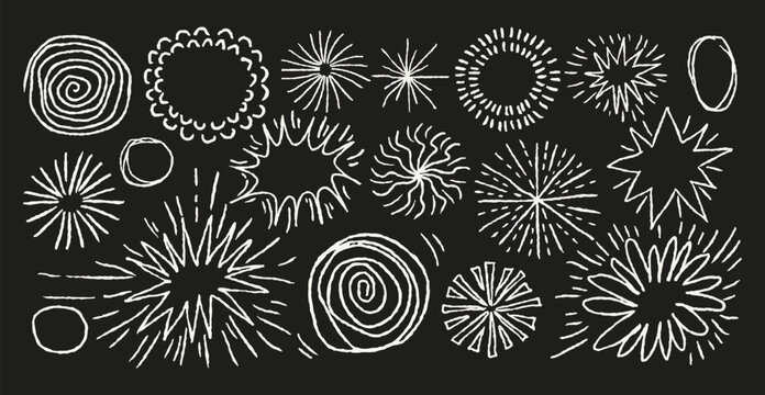 Chalk burst set with sketchy starbursts, fireworks, sunburst, spiral doodles. Doodle crayon pencil draw shapes. Playful comic effects.