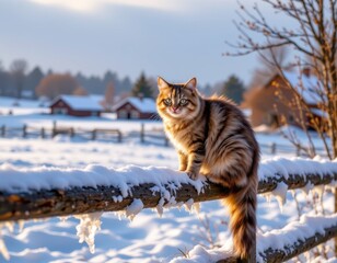 Obraz premium a siberian cat perched on frozen fence overlooking snowy farmland, glowing winter morning light, realistic cold atmosphere, calm expression.
