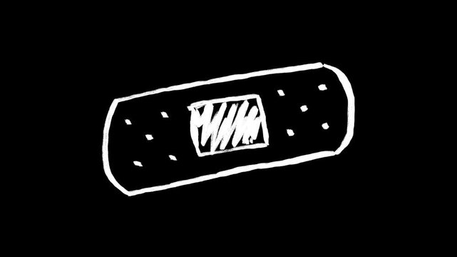 Animated Hand Drawn Plaster or Band Aid, White Scribble Doodle Style on Black Background. First Aid, Medical, Health, Injury, Wound, Healing, Pain, Hospital