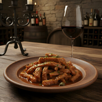 Saure Kutteln in Trollingersauce in einem rustikalen Weinkeller generative AI