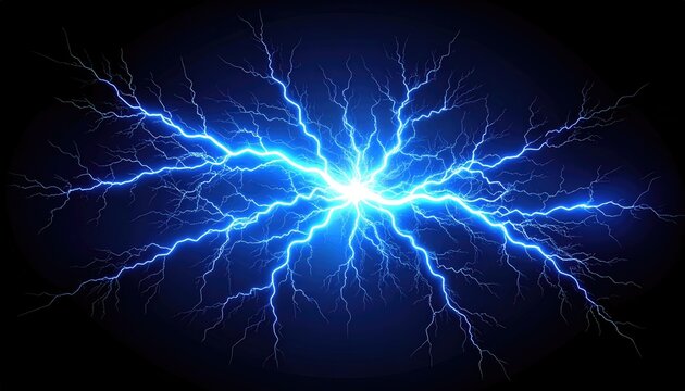 Electric blue lightning strikes radiating from a bright center against a dark background create a powerful, energetic, and impactful visual