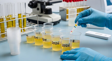 Comprehensive urine drug testing in a modern medical lab for diagnosis and screening, with gloved hands ensuring precise results and accurate healthcare analysis