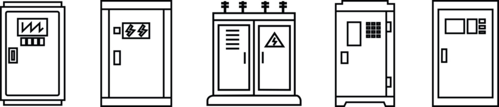 Electrical Control Panel Icon Set Black Line Style Cabinet Symbol Collection Group of Switchboard, Fuse Box, Circuit Breaker, Power Box, Switchgear, Distribution Board Vector