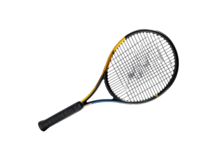 A tennis racquet with a black frame, yellow and blue accents on the handle, and a partially visible graphic design on the strings, set against a black background