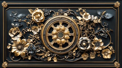 Obraz premium Ornate decorative panel with flowers and wheel design