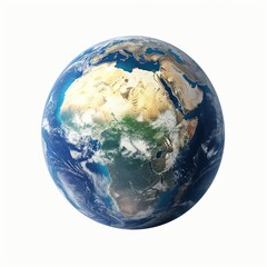 Obraz premium A detailed, realistic rendering of planet Earth, centered on Africa, showing continents, oceans, and cloud formations against a white background
