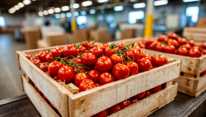 Tomatoes in crates at warehouse. Bright red tomatoes are stacked in wooden crates in a busy warehouse. Workers move around packing other products.
