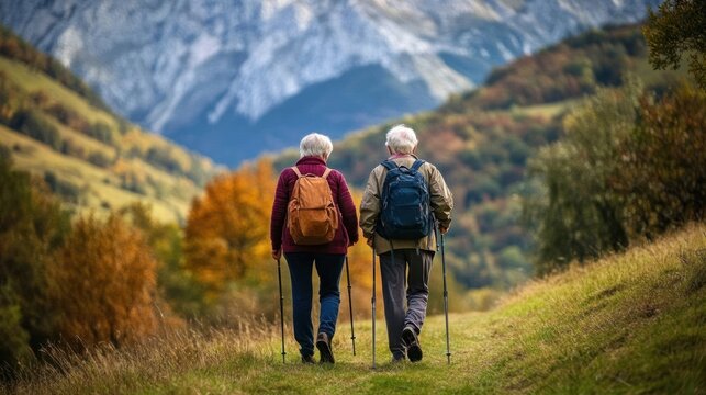 Elderly couple hiking backpacks walking mountains.