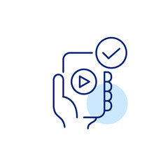 Video playback on phone and checkmark. Pixel perfect, editable stroke vector icon